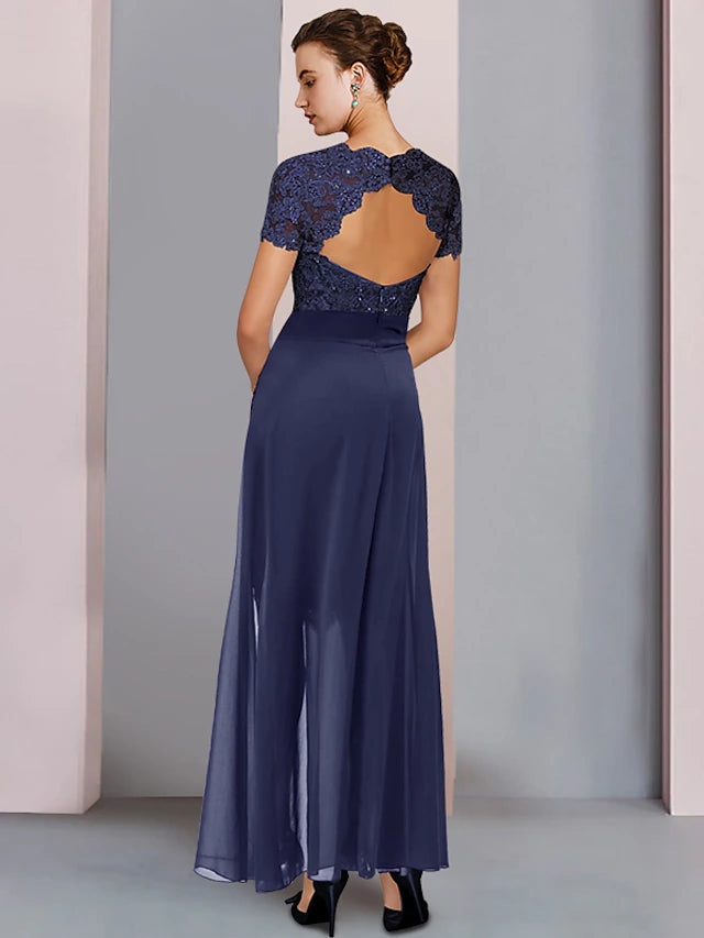 Luolandi Two Piece Sheath / Column Mother of the Bride Dress Formal Wedding Guest Elegant Square Neck Knee Length Chiffon Lace Short Sleeve with Bow(s)